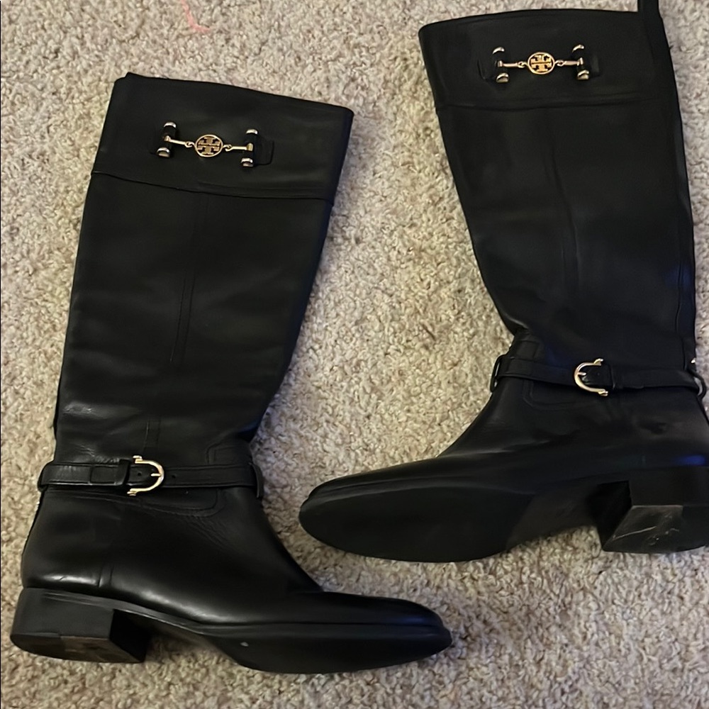Tory Burch Black Over the Knee Boots with Gold Hardware